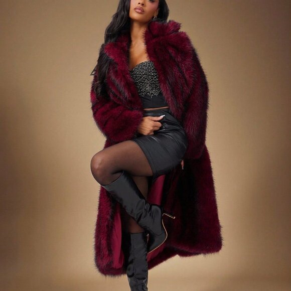 Burgundy Casual Women's Long Fluffy Faux Fur Coat - Picture 6 of 8